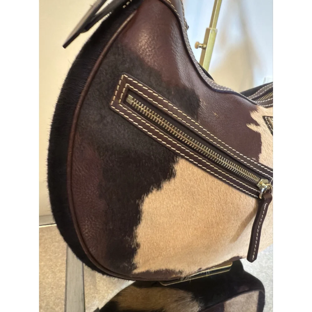Dooney Bourke Hobo Brown Cognac Calf Hair Crescent Leather Satchel Bag